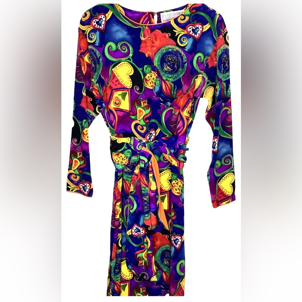 Vintage Pat Argenti 100% Silk Sheath Dress Size 8 Psychedelic Print Sash Belt